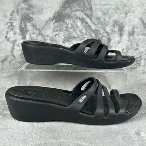 Crocs Rhonda Sandals Women's Size 10 Black Wedge Slip-On Strappy Slides Open Toe